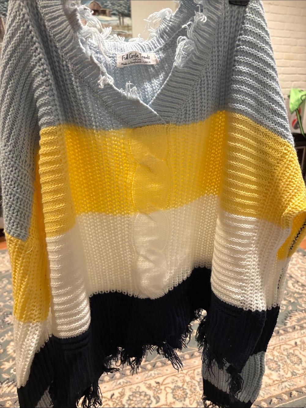 Fringed Colorblock V-Neck Sweater in Light Blue, Yellow, White & Navy